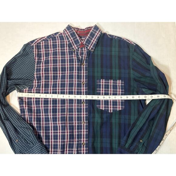 Izod Plaid Mixed Patchwork Button Down Fun Shirt Men Medium Green Blue Tartan - Picture 8 of 8
